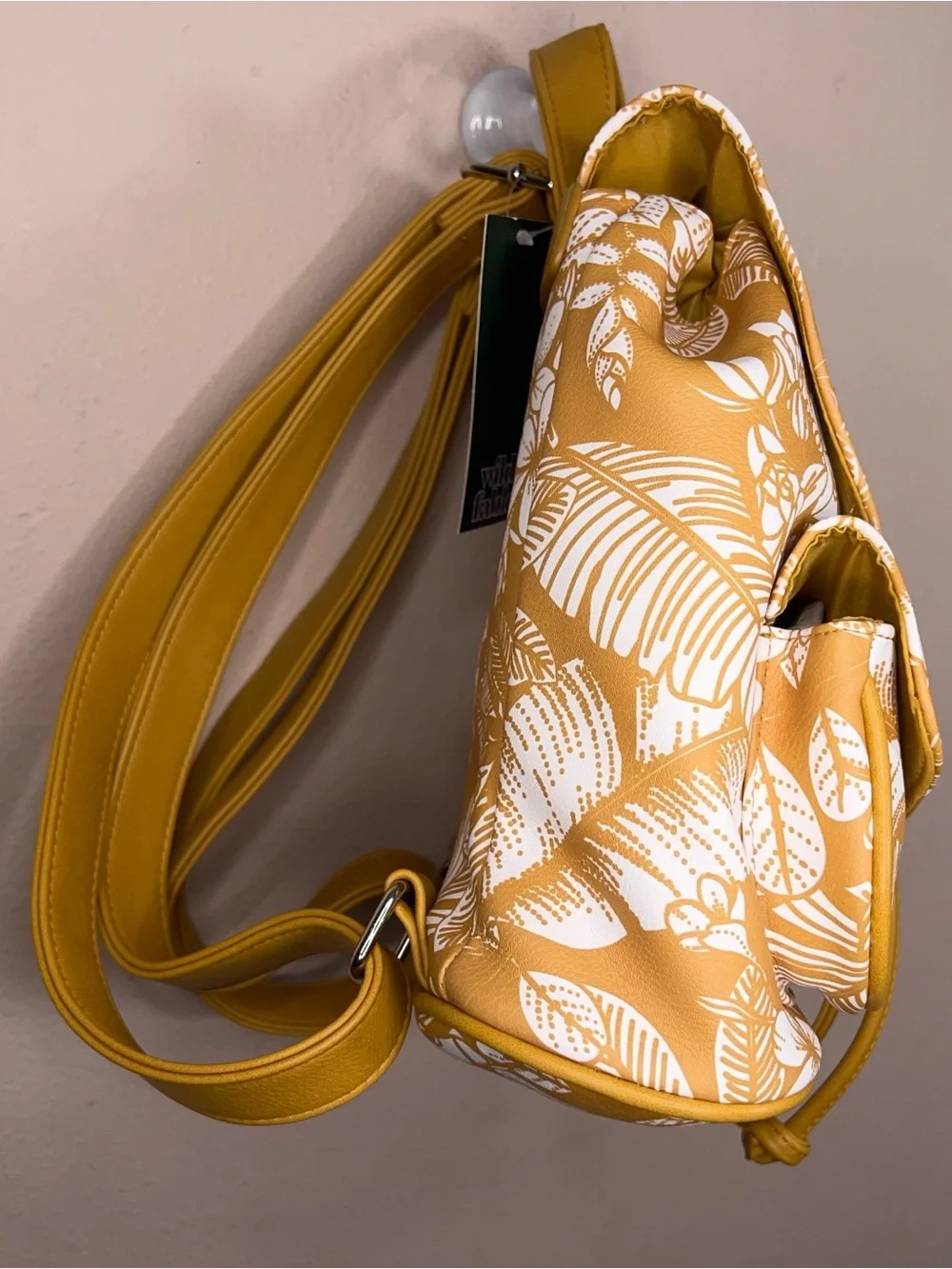 New Mustard Yellow Tropical Floral Print Small Backpack Purse Vegan Faux Leather